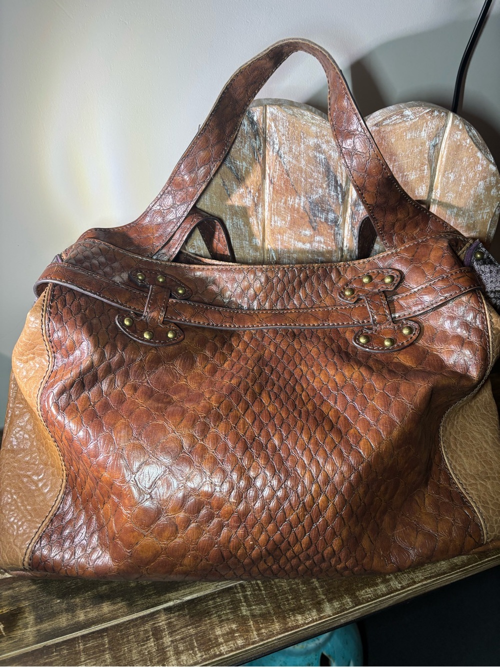 Jessica Simpson Reptilian Brown Textured Faux Leather Satchel Handbag Vegan Bag - Picture 6 of 15